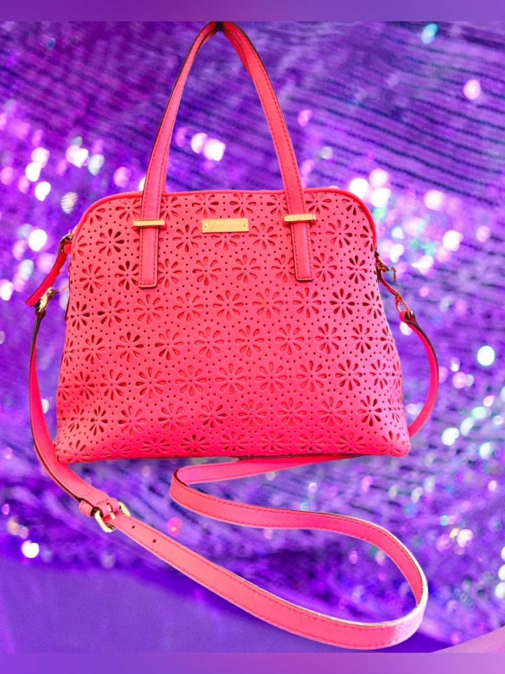 Kate Spade Coral Cedar Street Perforated Leather “Maise” Floral Crossbody Bag❤️